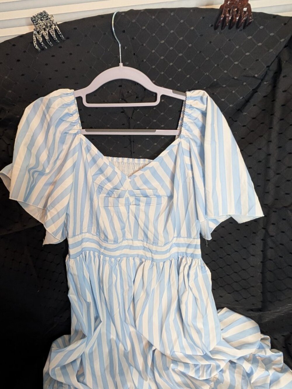 Short Sleeve blue and White long dress